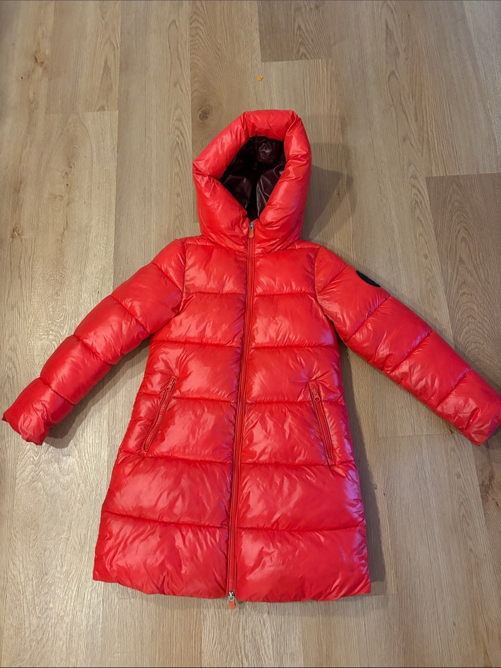 SAVE THE DUCK Girls' Red Long Hooded Puffer Coat